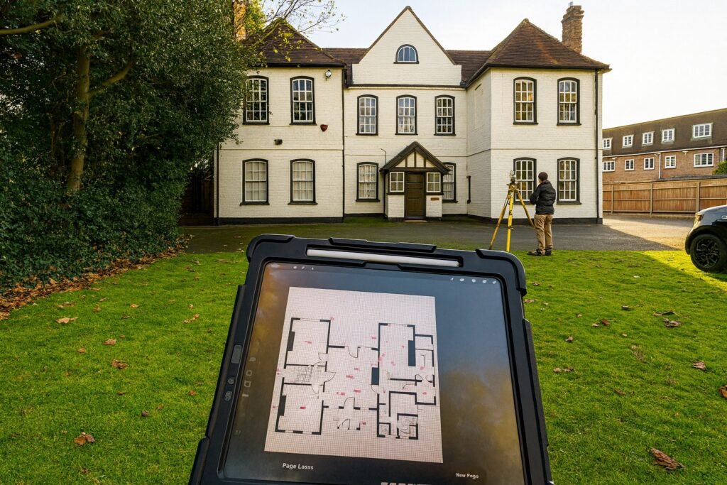 Surveyor capturing measurements of a London property with a floor plan displayed on a tablet during a measured building survey.
