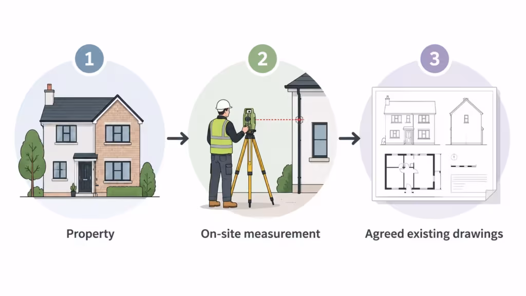 Diagram showing how a measured survey provides information for existing drawings