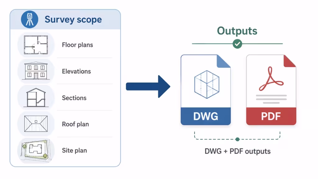 Diagram showing survey scope determining drawings, delivered as DWG and PDF
