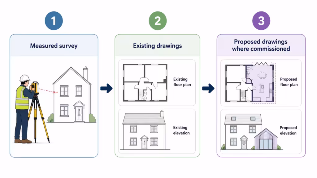 Diagram showing the relationship between a measured survey, existing drawings and proposed drawings