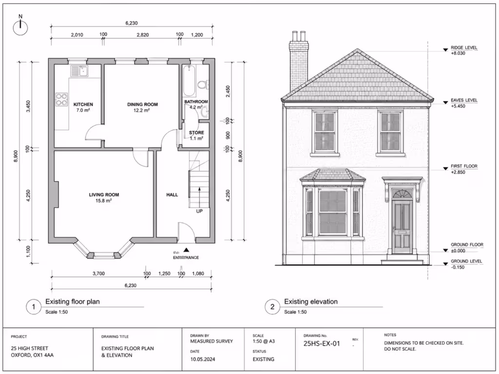 Existing floor plan and elevation based on a measured building survey