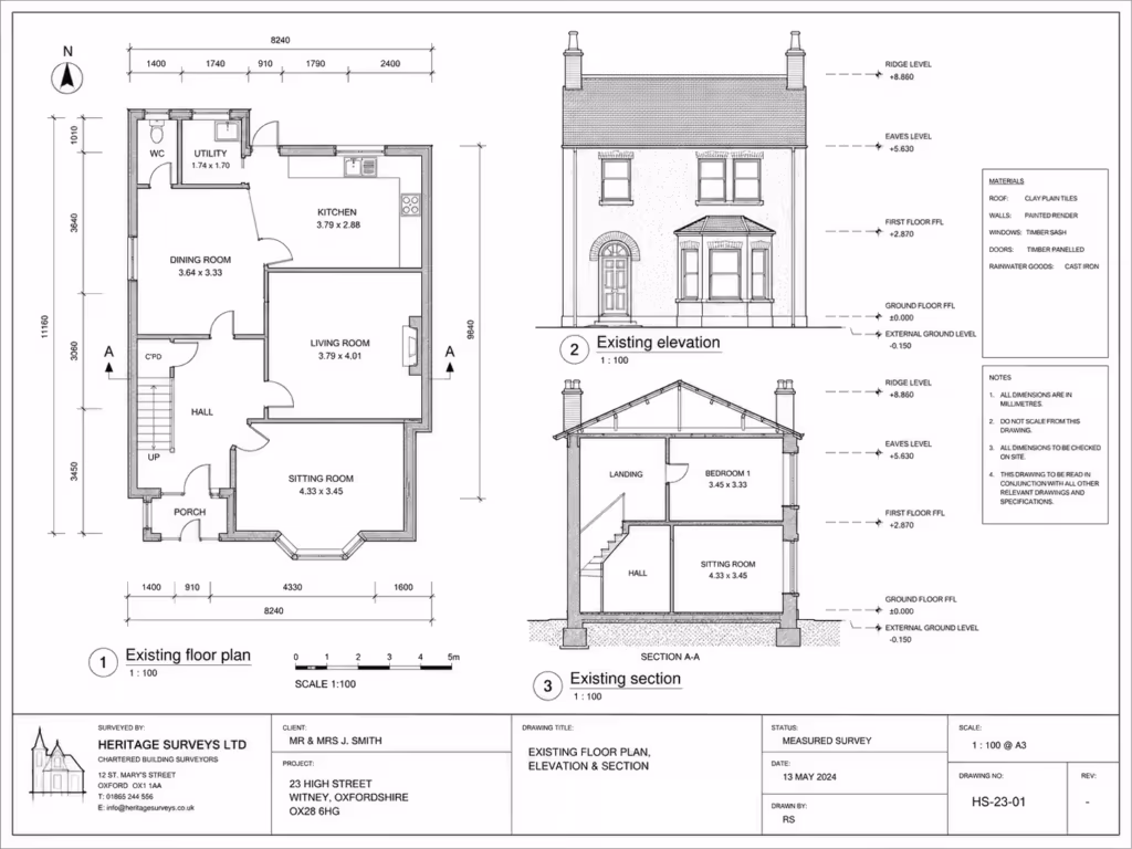 Existing floor plan, elevation and section from a measured building survey