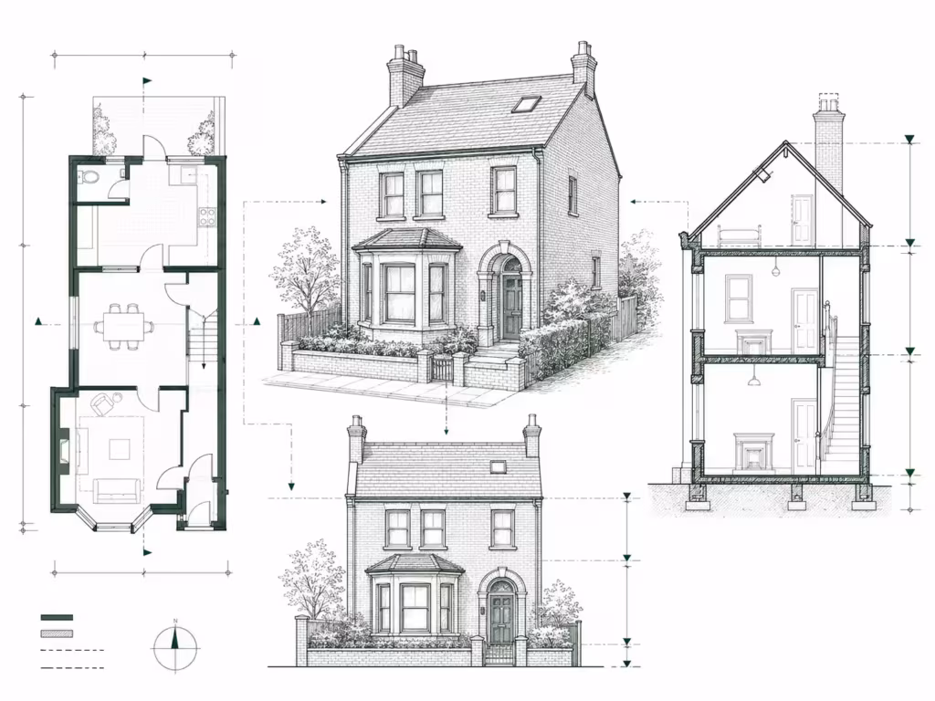 Illustration showing floor plan, elevation and section information from a measured building survey